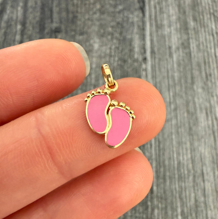 Pink Enamel and 14K Gold Baby Footprints Charm