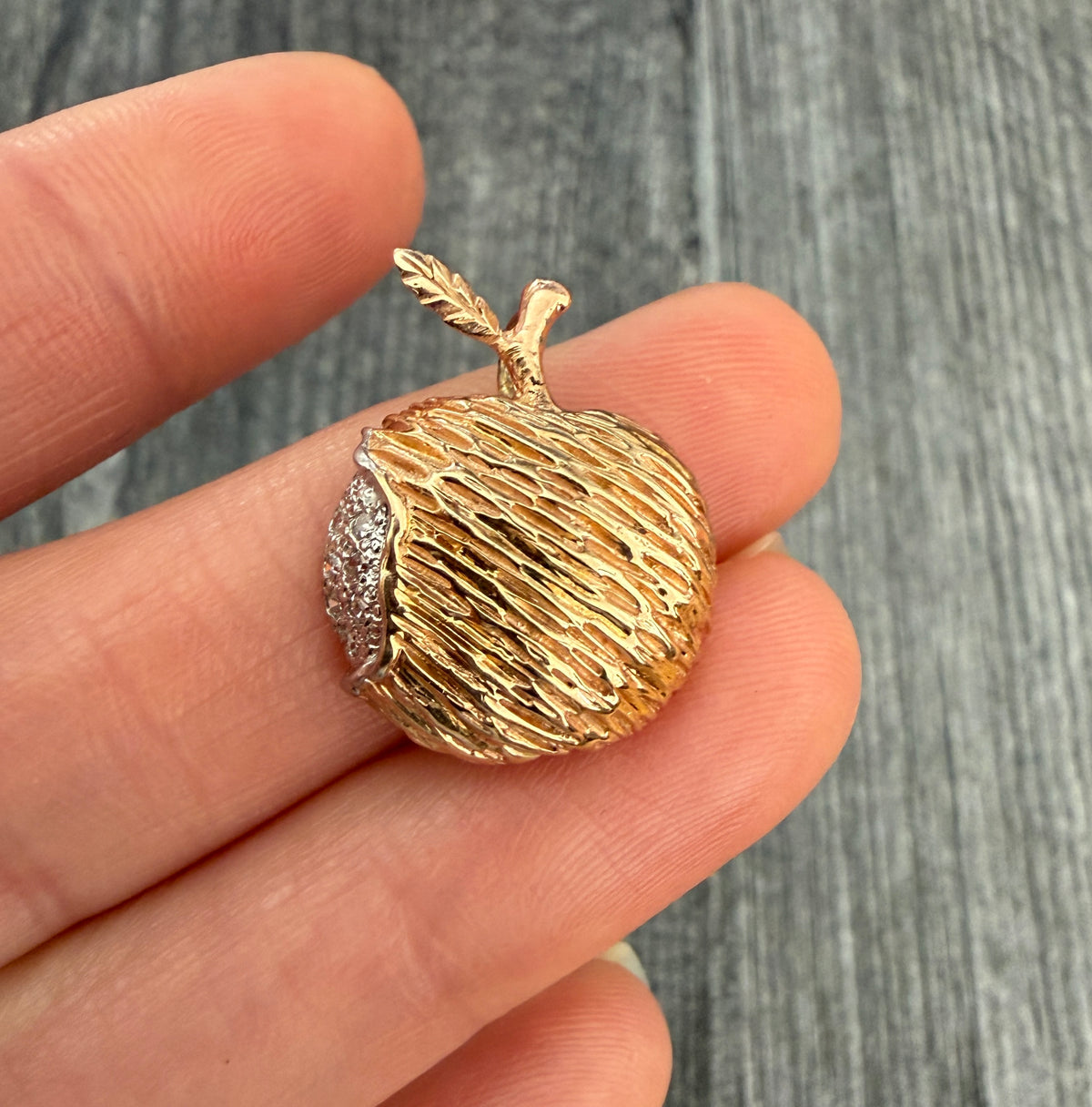 Vintage Diamond and 14K Gold Textured Apple Charm