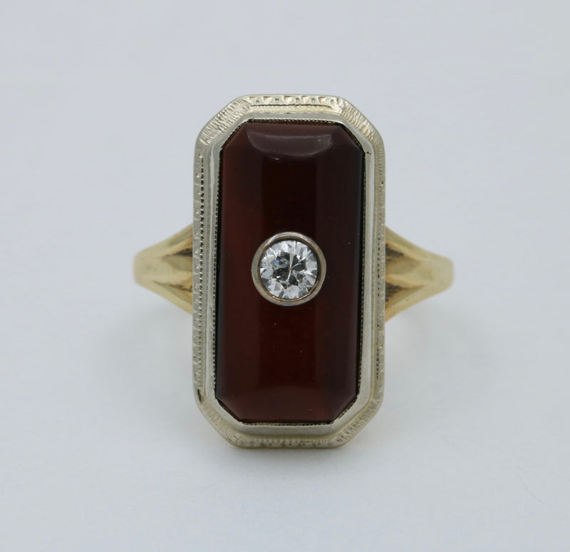 Art Deco 14K Gold, Agate and Diamond Plaque Ring