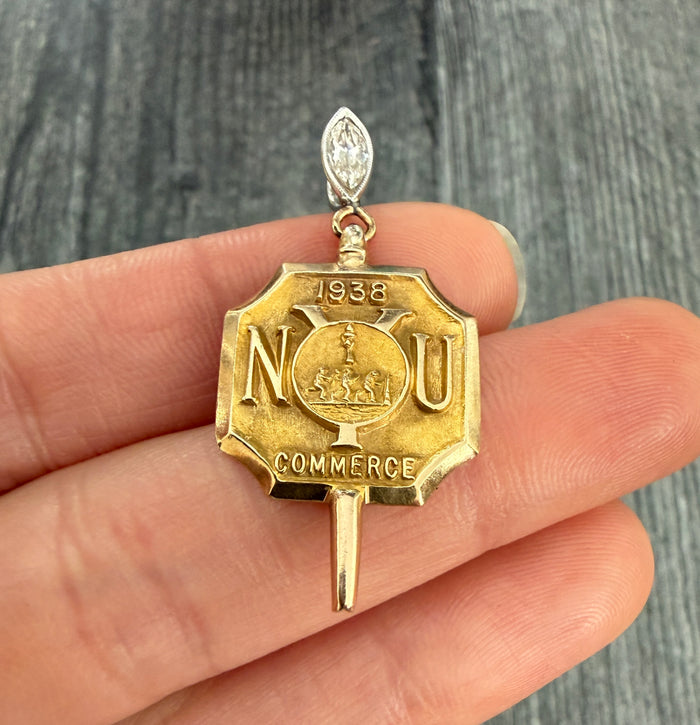 Vintage "NYU 1938" 14K Gold Watch Key Pendant with Diamond Bale