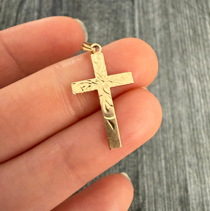 Vintage 14K Gold Cross Charm with Floral Etching