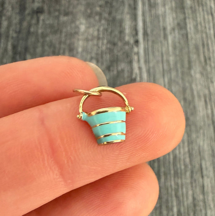 Light Blue Enamel and 14K Gold Pail or Bucket Charm