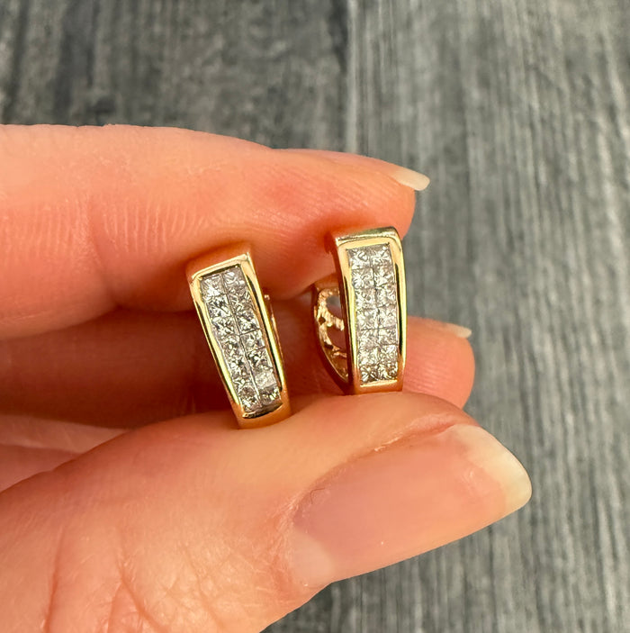 Invisibly Set Diamond and 14K Gold Heart Huggie Earrings
