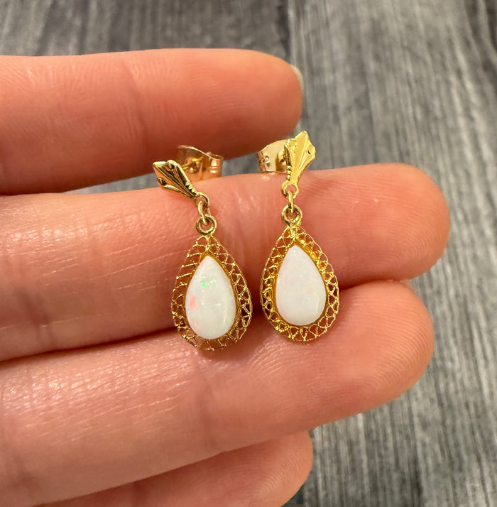 Opal and 14K Gold Tear Drop Dangle Earrings
