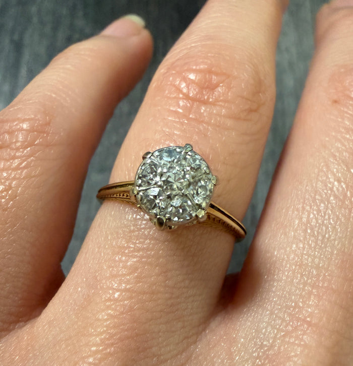 Art Deco Diamond Cluster and Chased 14K Gold Ring