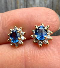 Sapphire and Diamond Halo 14K Gold Stud Earrings