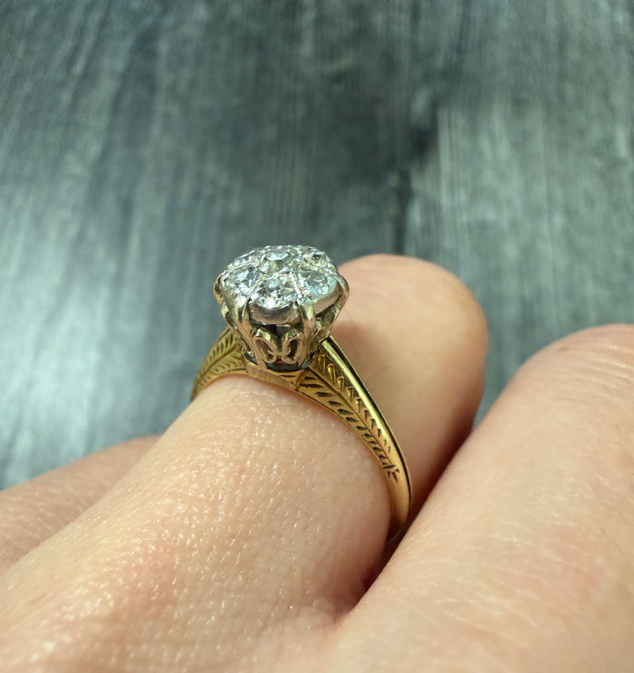 Art Deco Diamond Cluster and Chased 14K Gold Ring