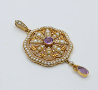 Edwardian Amethyst and Pearl 15K Gold Lavalier Pendant