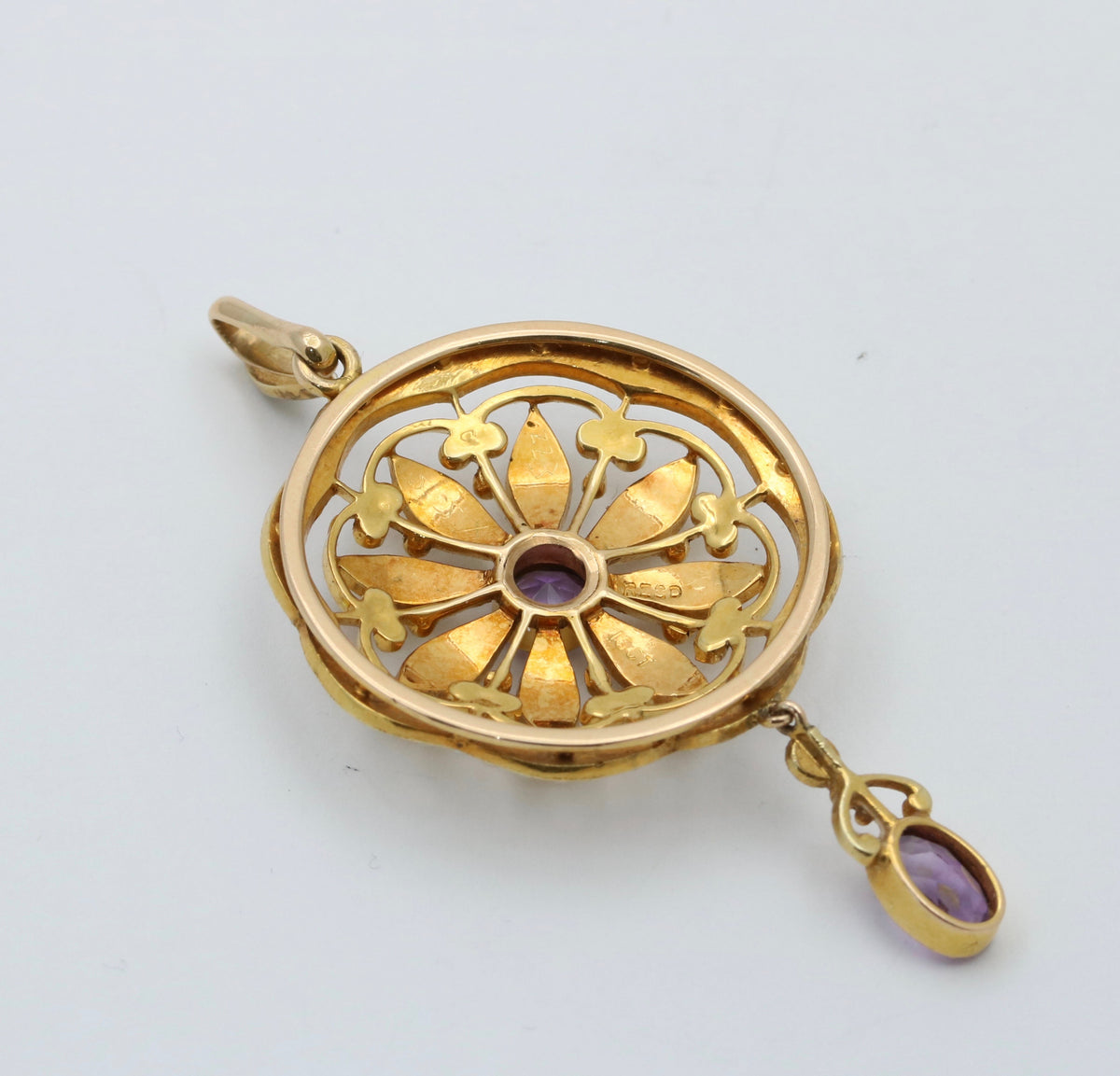 Edwardian Amethyst and Pearl 15K Gold Lavalier Pendant