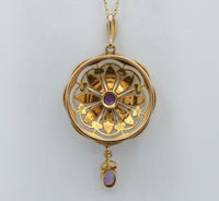 Edwardian Amethyst and Pearl 15K Gold Lavalier Pendant