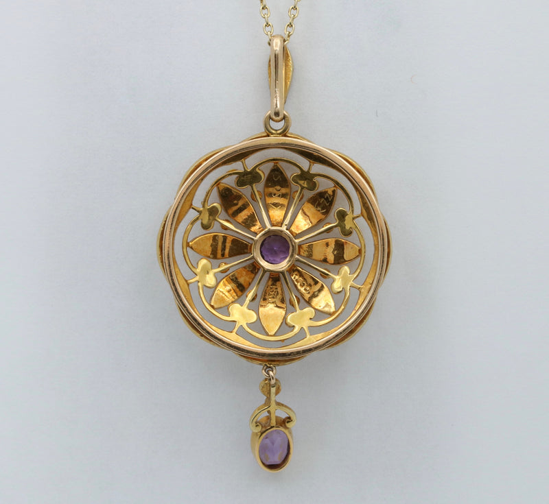 Edwardian Amethyst and Pearl 15K Gold Lavalier Pendant