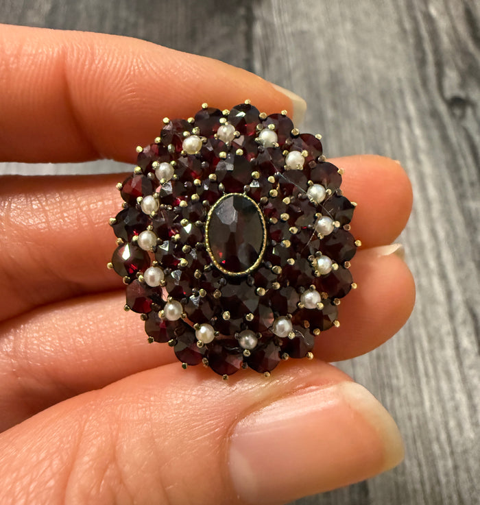 Vintage Bohemian Garnet and Pearl Pendant and Brooch