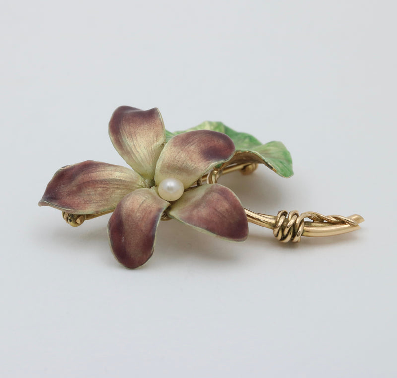 Art Nouveau Krementz 14K Gold and Enamel Violet Flower Brooch