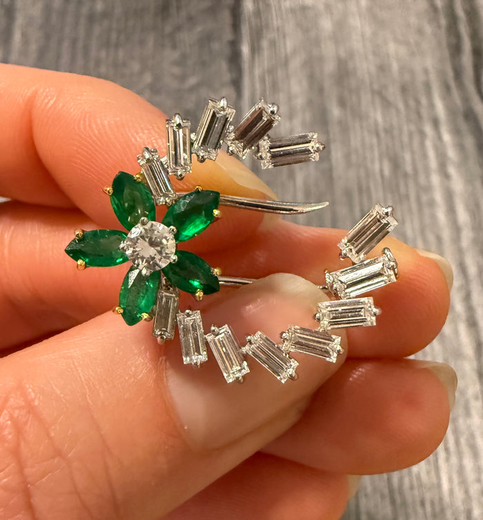 Emerald and Diamond Crescent Pin in 18K Gold