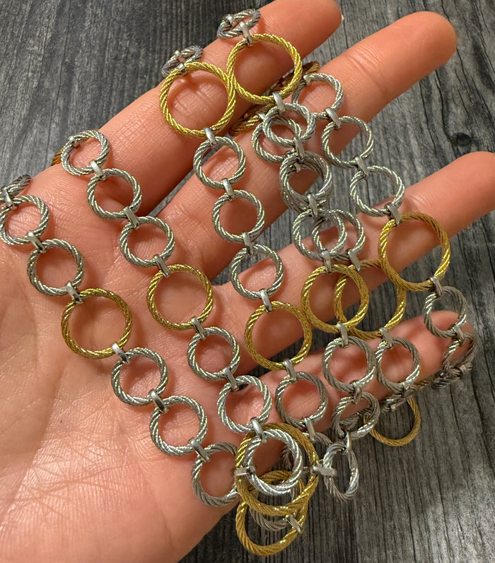 Charriol 18K Gold & Steel Circular Link Necklace, 36" Long