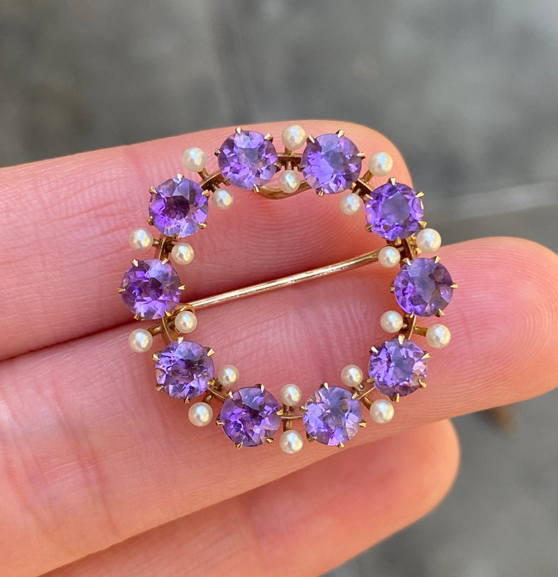 Antique Krementz Amethyst & Pearl Circle Pin