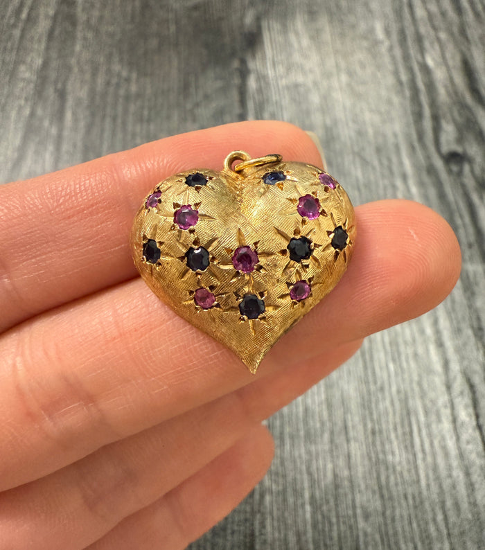 Vintage Star-Set Sapphire and Ruby Heart Charm