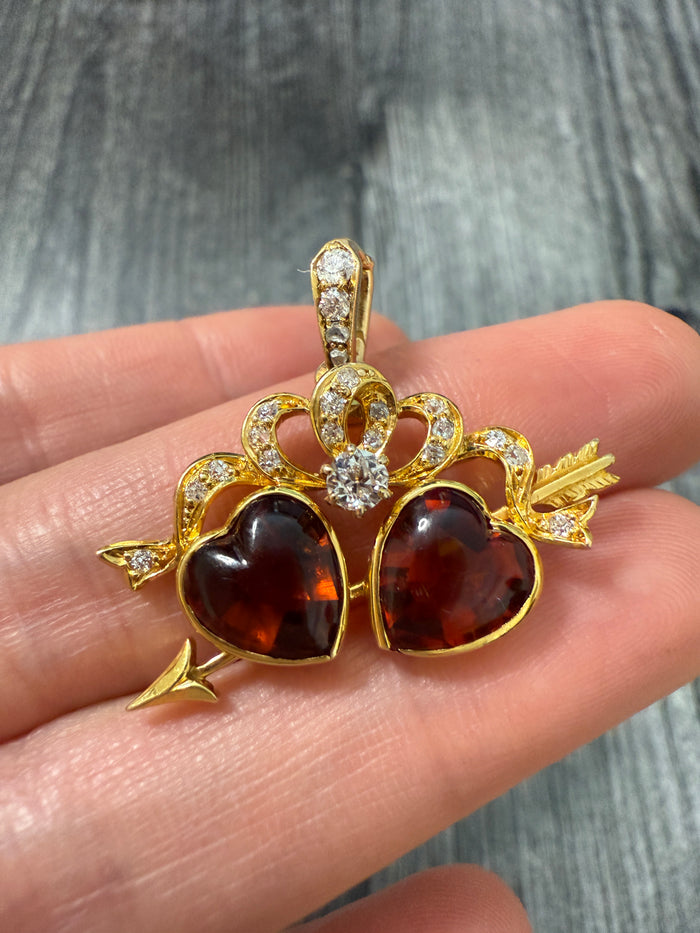 Double Heart Citrine and Diamond Pendant of 18K Gold