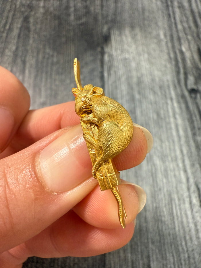 Antique 14K Gold Rat Climbing a Scroll Pin