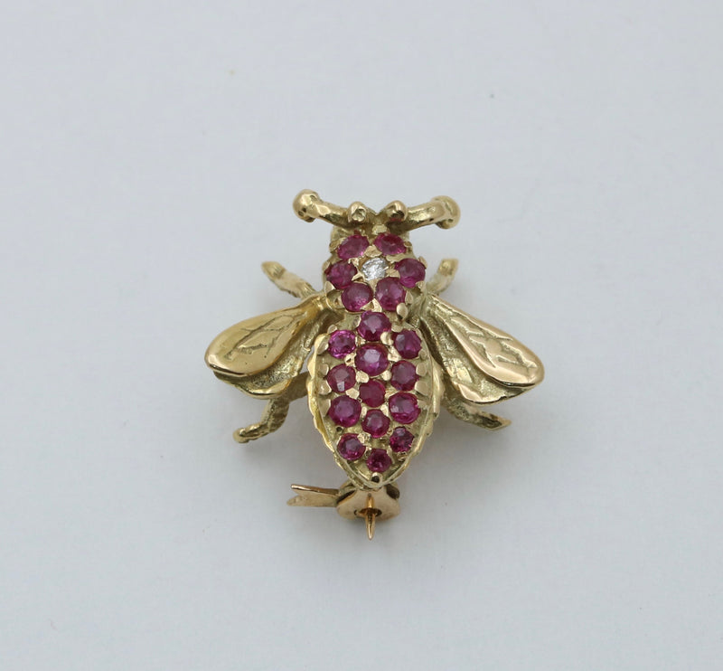 Vintage Ruby and Diamond Bee Pin, 14K Gold