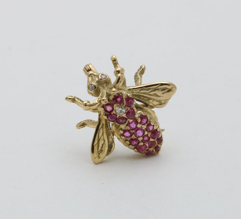 Vintage Ruby and Diamond Bee Pin, 14K Gold