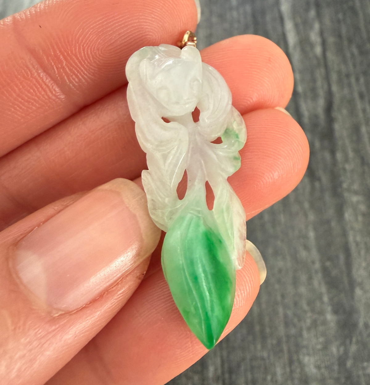 Carved Moss in Snow Jade Nine Tailed Fox and 14K Gold Pendant