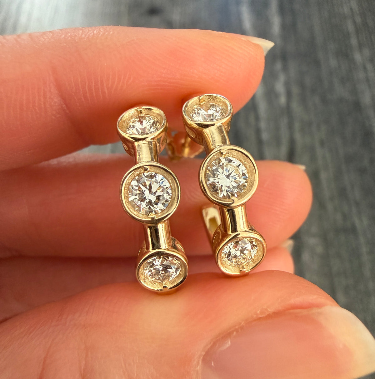 Triple Diamond and 14K Gold Huggie Earrings, 1.22 Carats