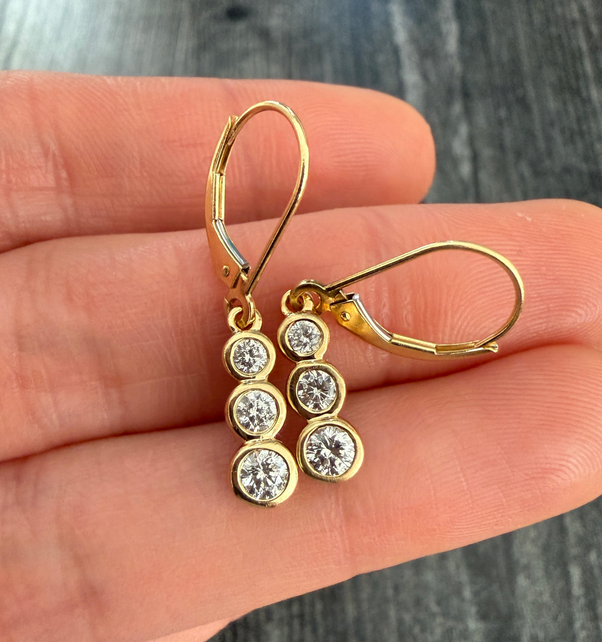 Bezel Set Triple Diamond Dangle Earrings in 14K Gold