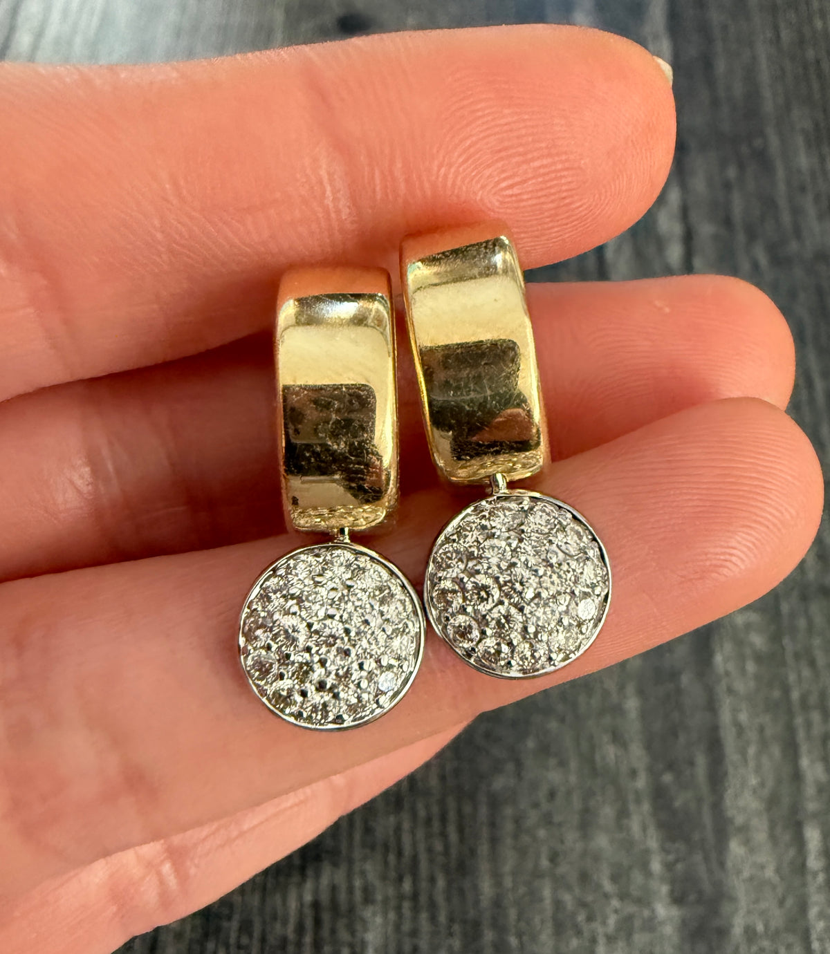 Circular Pave Diamond Dangle and 14K Gold Huggie Earrings
