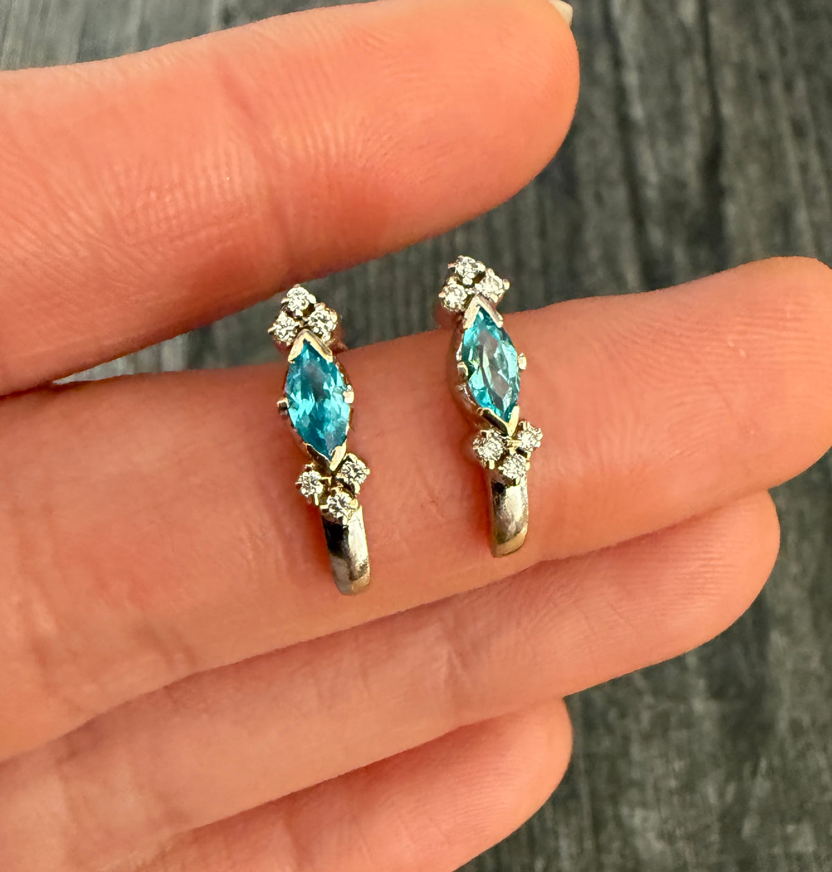 Diamond and Blue Stone Huggie Earrings in 14K Gold