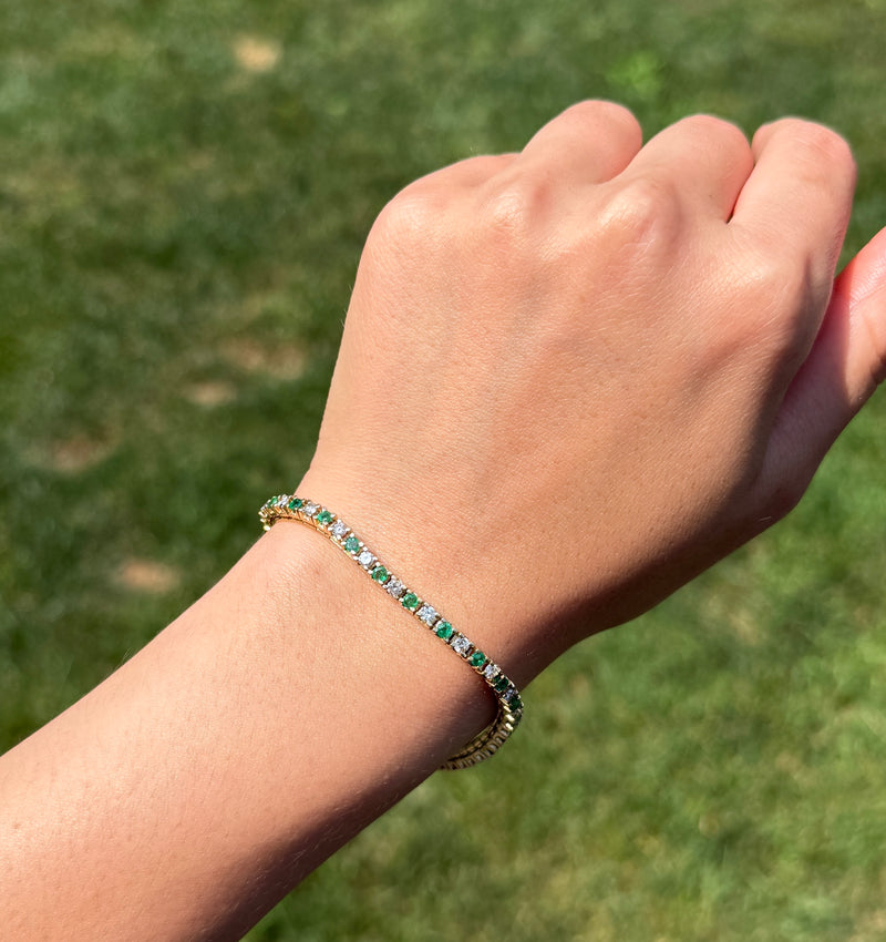Emerald & Diamond Line Bracelet, 7.25" Long