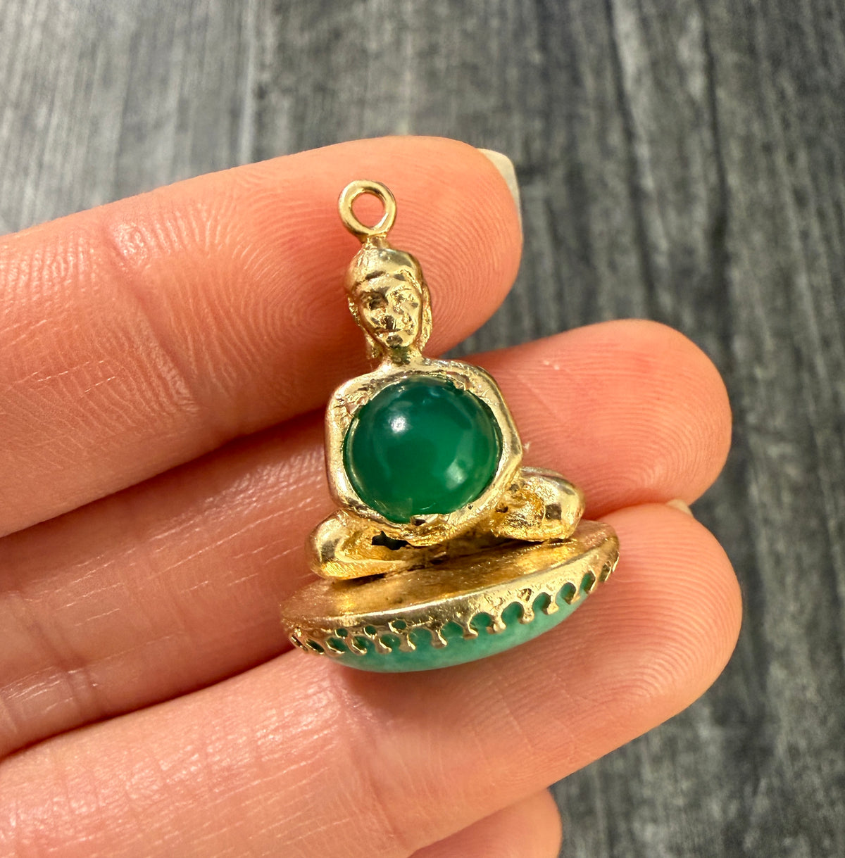 Vintage Jade and Chrysoprase Double Sided Buddha Charm, 14K Gold