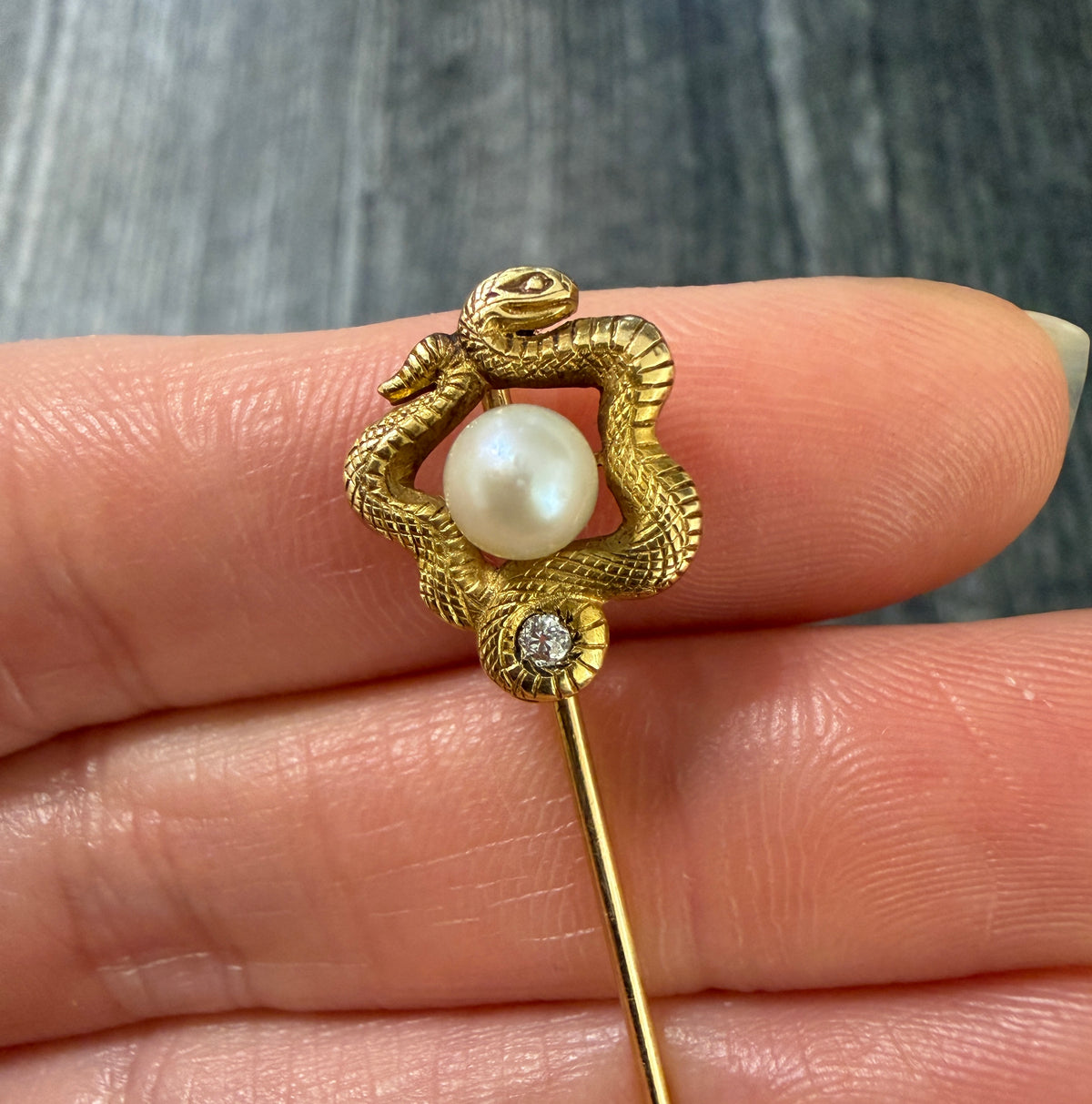 Art Nouveau Diamond and Pearl Snake Stick Pin