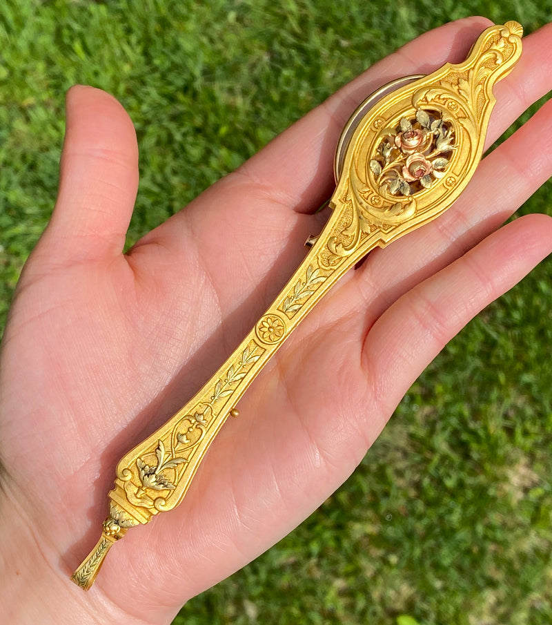 French Art Nouveau 18K Gold Rose Motif Lorgnette Pendant