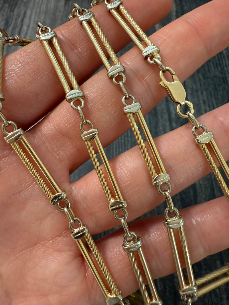 Vintage 14K Bicolor Trombone Link Chain, 24.25" Long