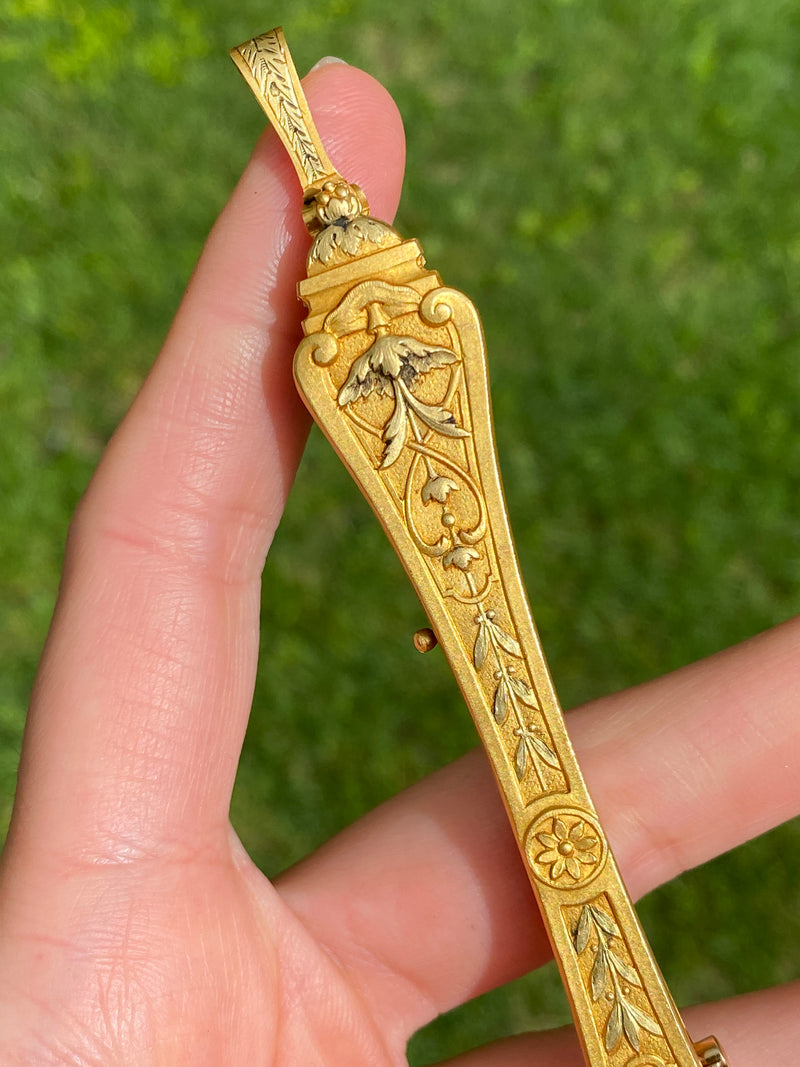 French Art Nouveau 18K Gold Rose Motif Lorgnette Pendant