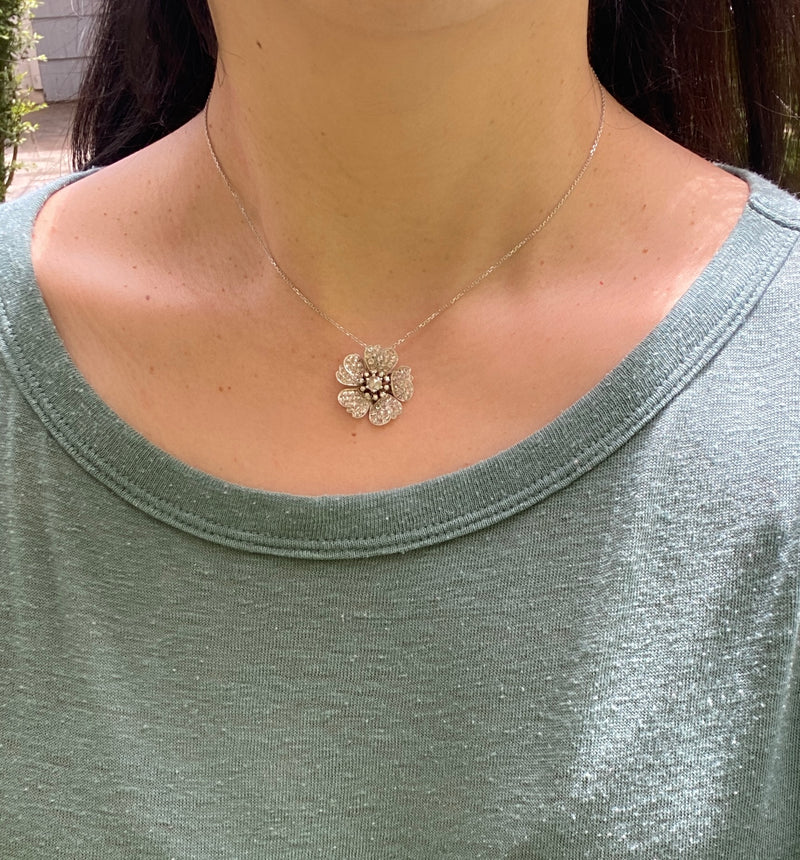 Rose Cut Diamond Cluster Flower Necklace