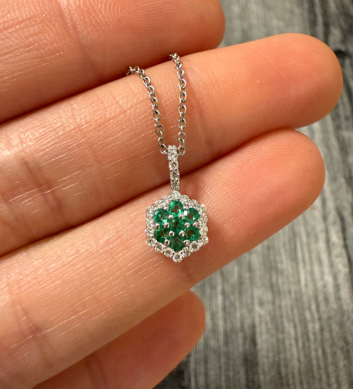 Emerald and Diamond Cluster 14K WG Necklace