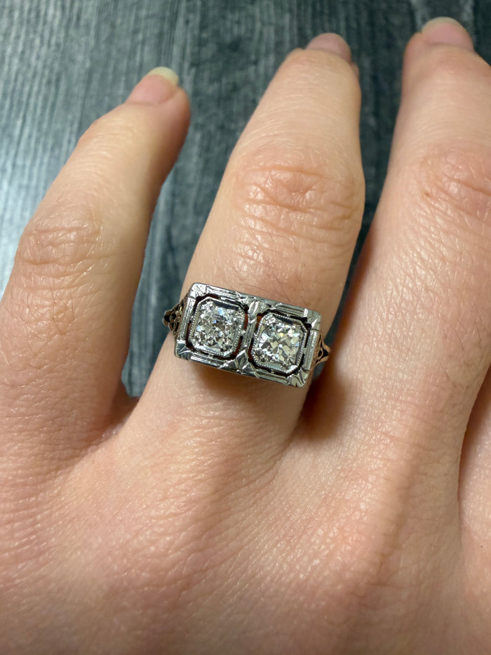 Art Deco Double Old Cut Diamond and Filigree 14K Gold Ring