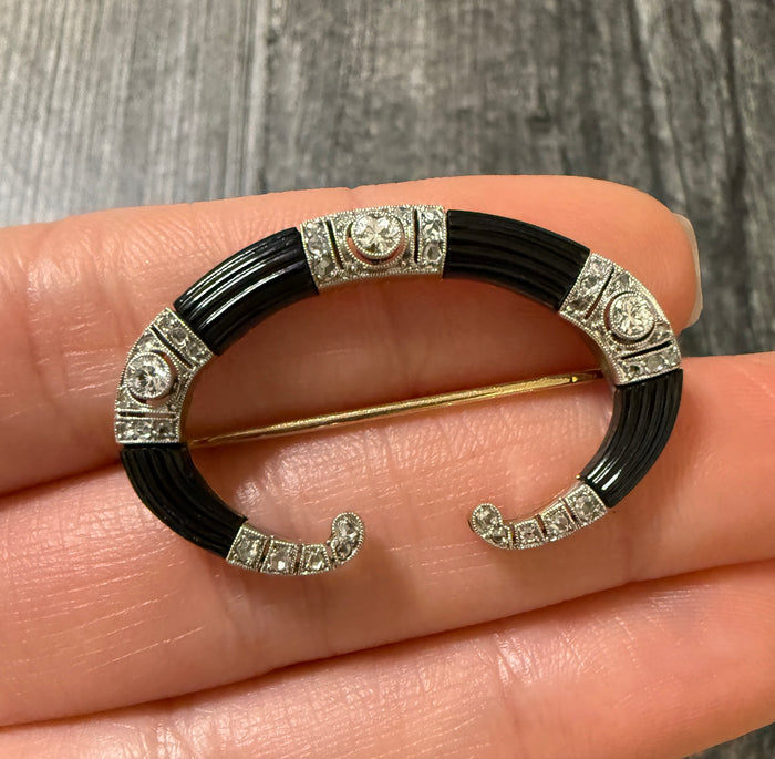 Art Deco Fluted Onyx & Diamond Tusked Brooch