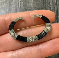 Art Deco Fluted Onyx & Diamond Tusked Brooch