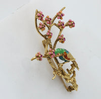 Vintage 18K Gold and Enamel Bird on Cherry Blossom Brooch