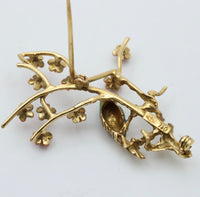Vintage 18K Gold and Enamel Bird on Cherry Blossom Brooch