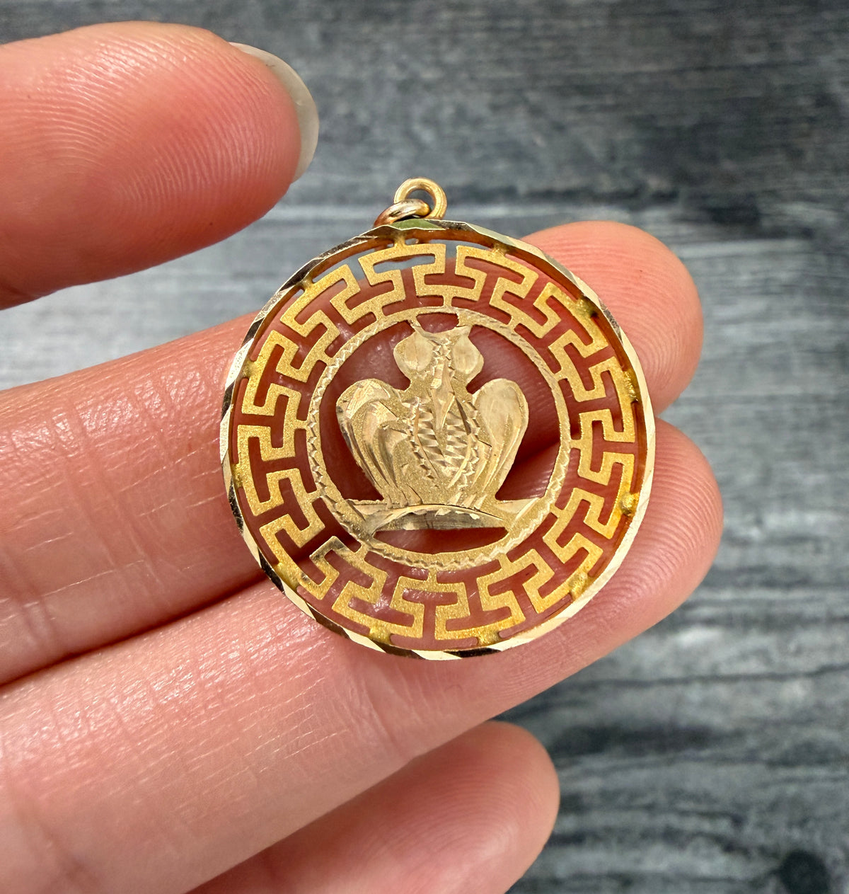 Vintage 14K Gold Owl and Greek Key Pendant
