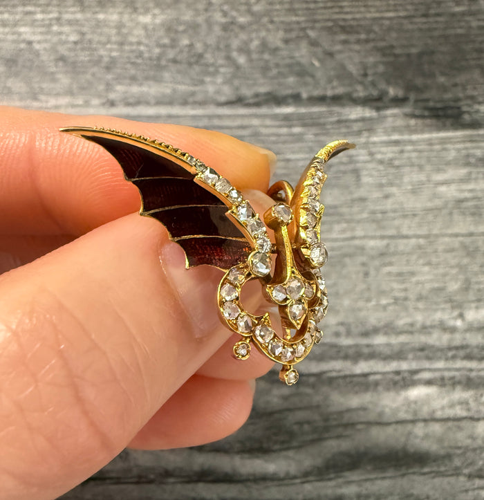 Art Nouveau Diamond and Enamel Winged Fob Pin