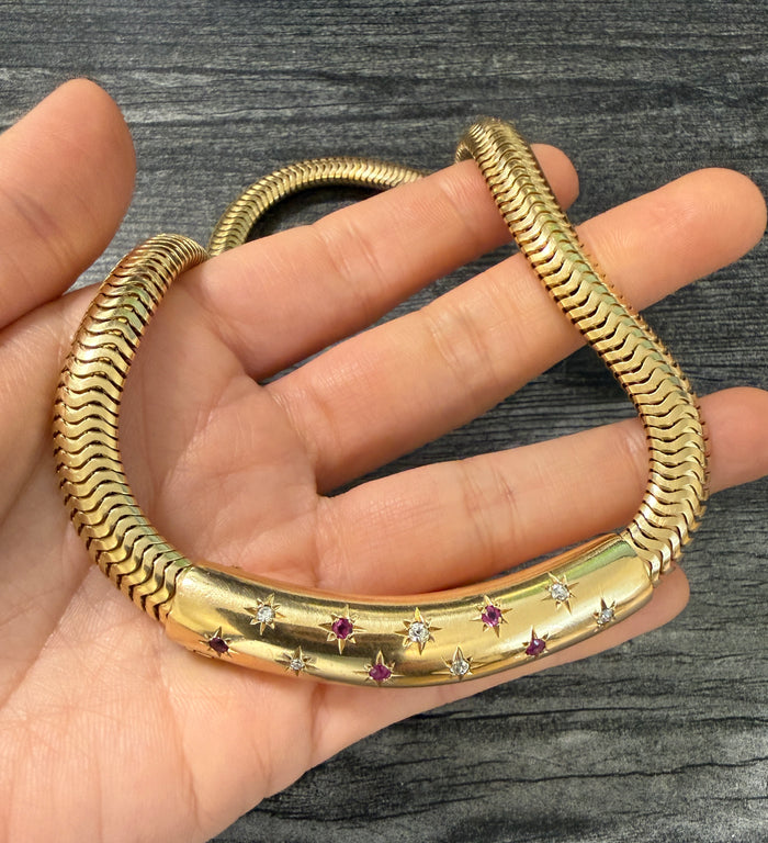 Retro Star Set Diamond and Ruby Snake Collar