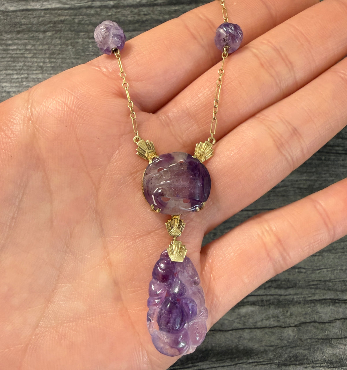 Art Deco Carved Amethyst Peach and 14K Gold Lavalier