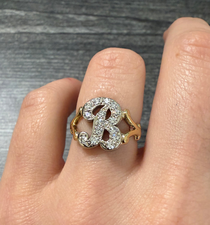 Diamond and 14K Gold Initial "B" Ring