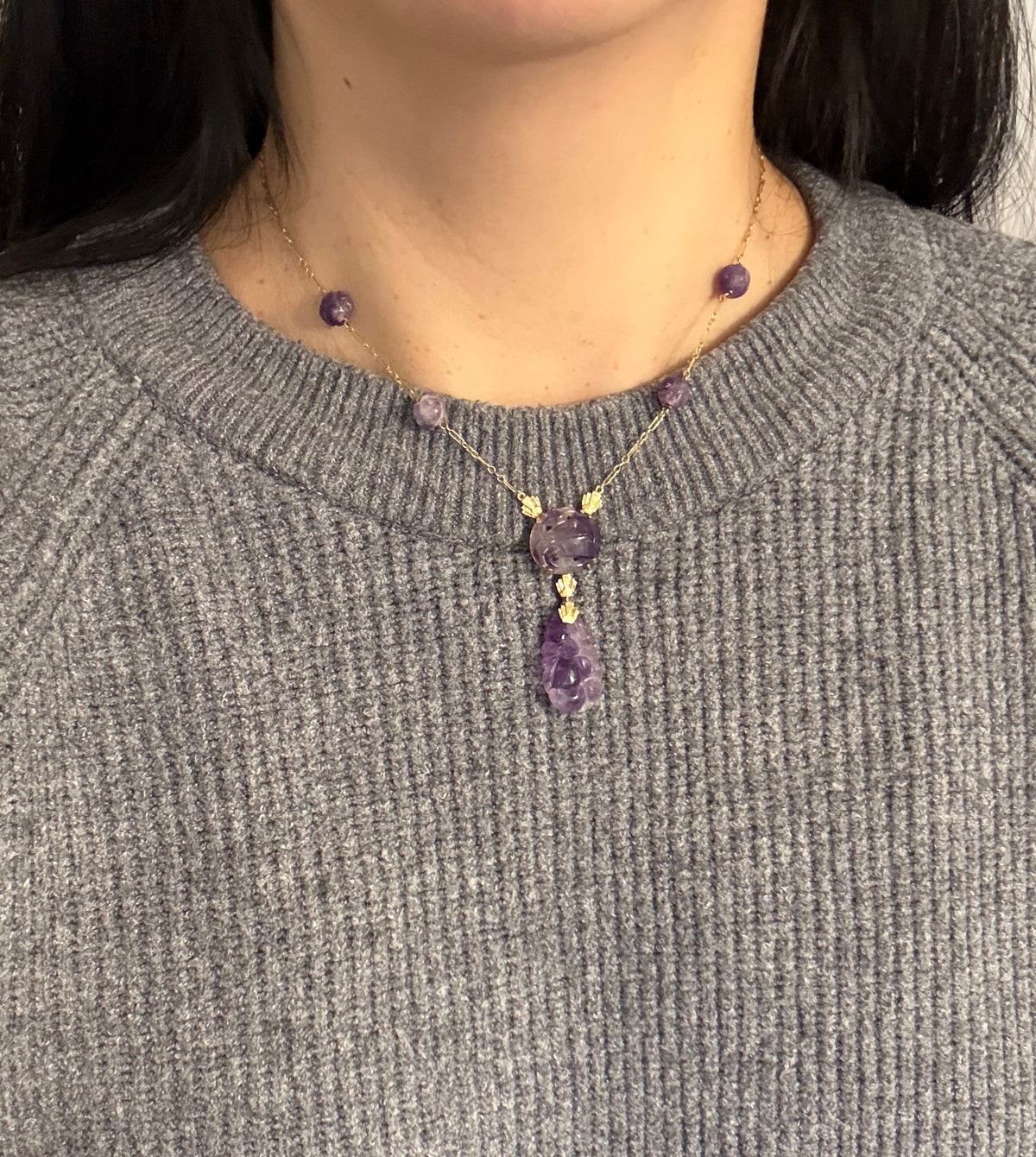 Art Deco Carved Amethyst Peach and 14K Gold Lavalier