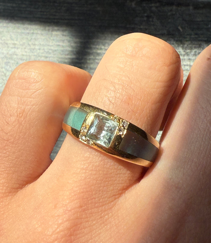 French Inlaid Blue Topaz and Diamond Ring in 18K Gold